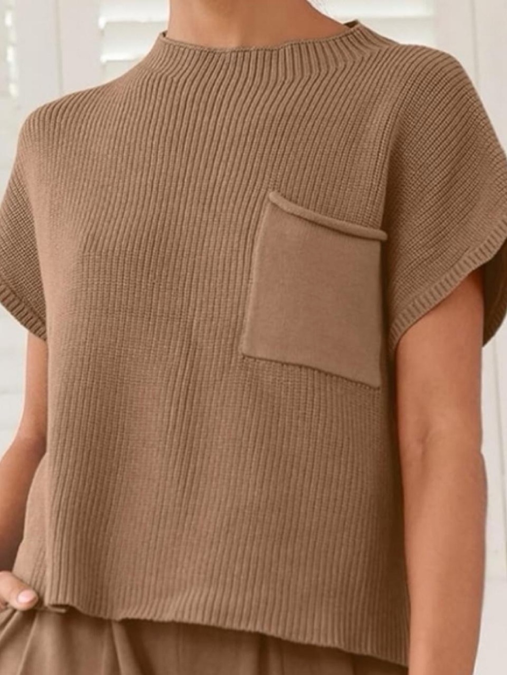Free People Ribbed Short-Sleeve Sweater with Patch Pocket - Brown